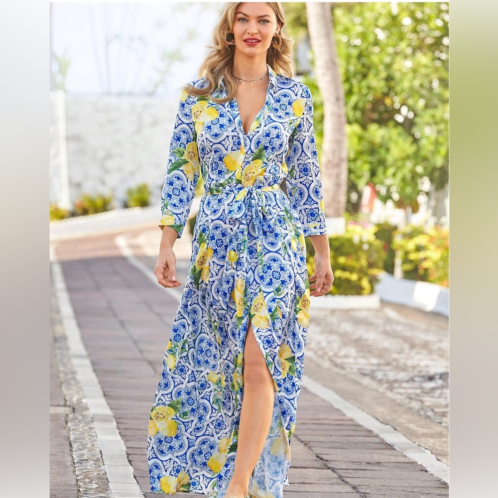 Boston Proper Flora Tile Print Maxi Shirtdress